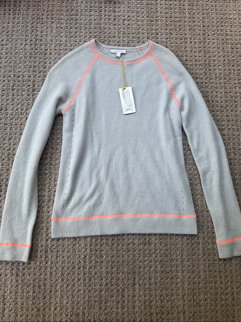 Minnie Rose Cashmere Light Gray Sweater with Coral Piping - Picture 1 of 3